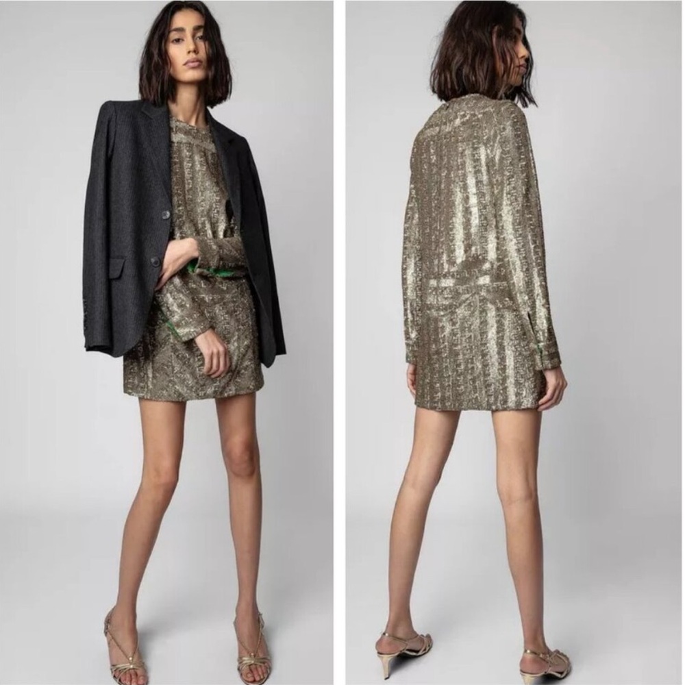 NWT Zadig & Voltaire Roysse Sequin Long Sleeve Gold Embellished Shift Minidress